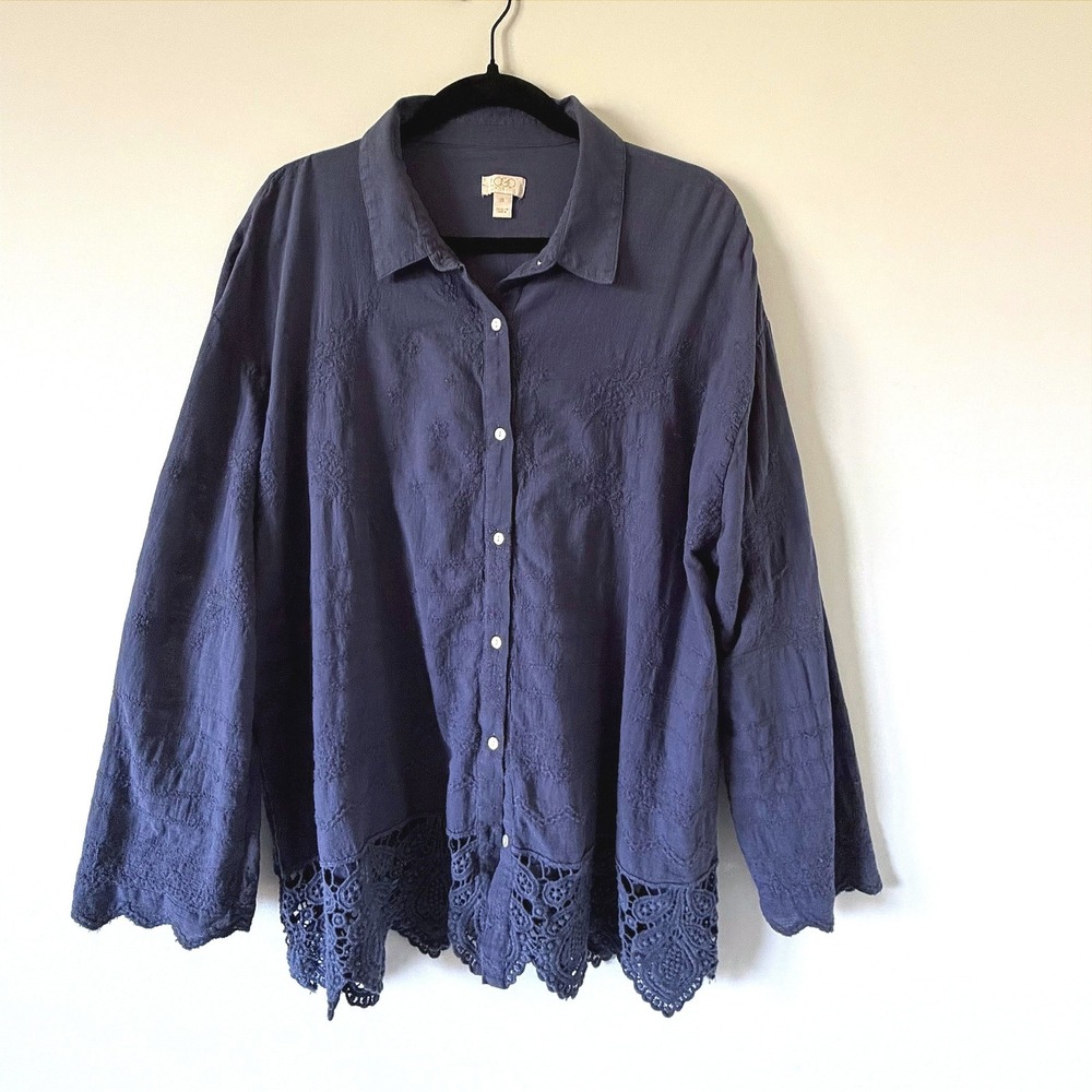 LOGO Lavish Lori Goldstein Navy‎ Blue Cotton Embroidered Lace Hem Blouse XL